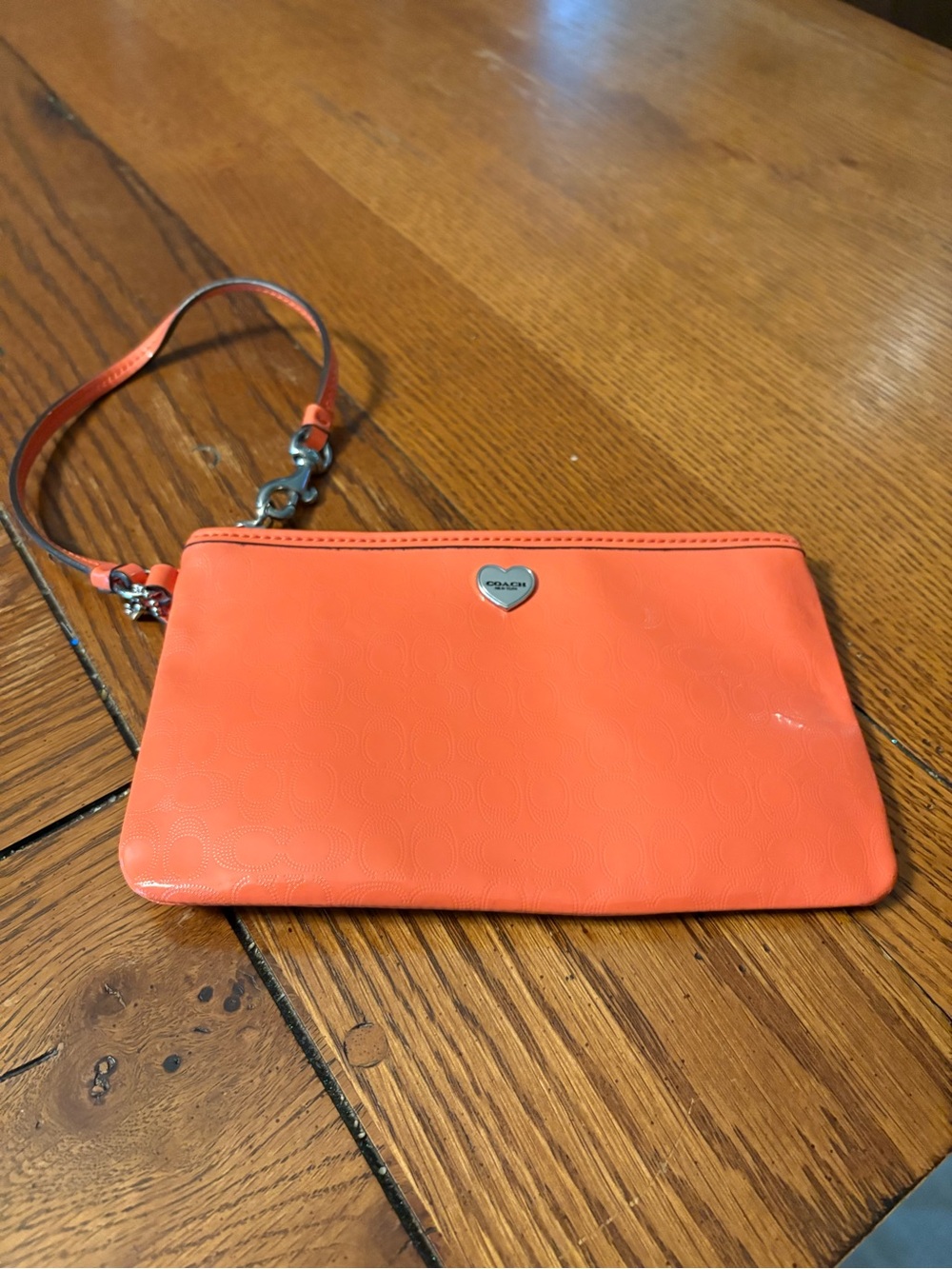Coach Orange Leather Wristlet with Heart Logo Charm